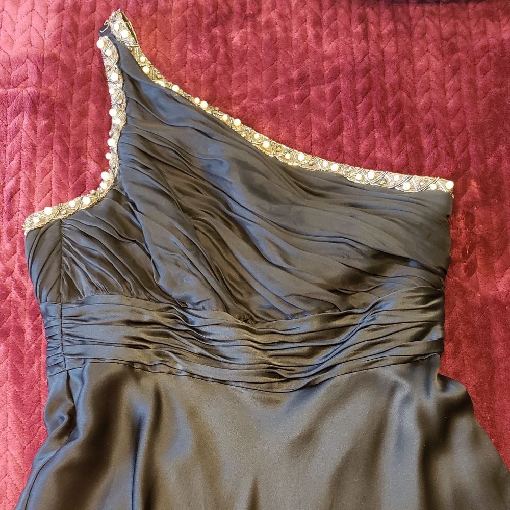 One-Shoulder black beaded one shoulder silk dress